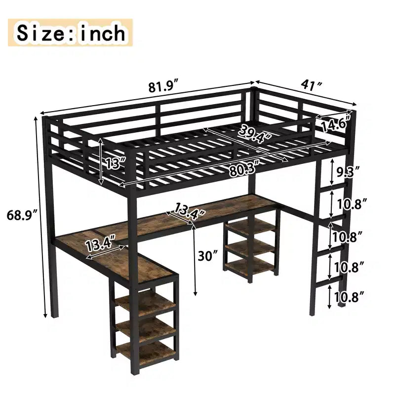 Letto a soppalco Twin XL in metallo con scrivania e mensole, letto a soppalco con scala e ringhiere, struttura per letto a soppalco per camera da letto, nero