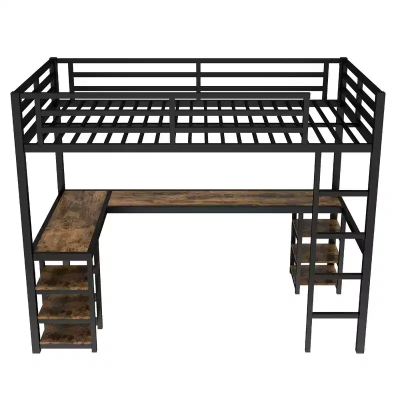 Letto a soppalco Twin XL in metallo con scrivania e mensole, letto a soppalco con scala e ringhiere, struttura per letto a soppalco per camera da letto, nero