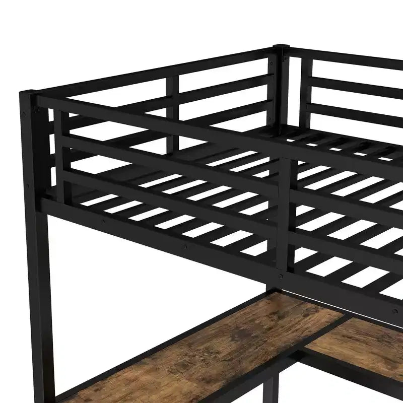 Letto a soppalco Twin XL in metallo con scrivania e mensole, letto a soppalco con scala e ringhiere, struttura per letto a soppalco per camera da letto, nero