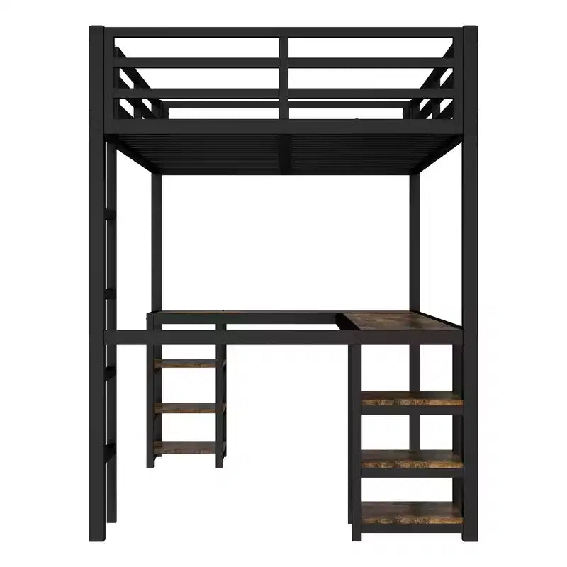 Letto a soppalco Twin XL in metallo con scrivania e mensole, letto a soppalco con scala e ringhiere, struttura per letto a soppalco per camera da letto, nero