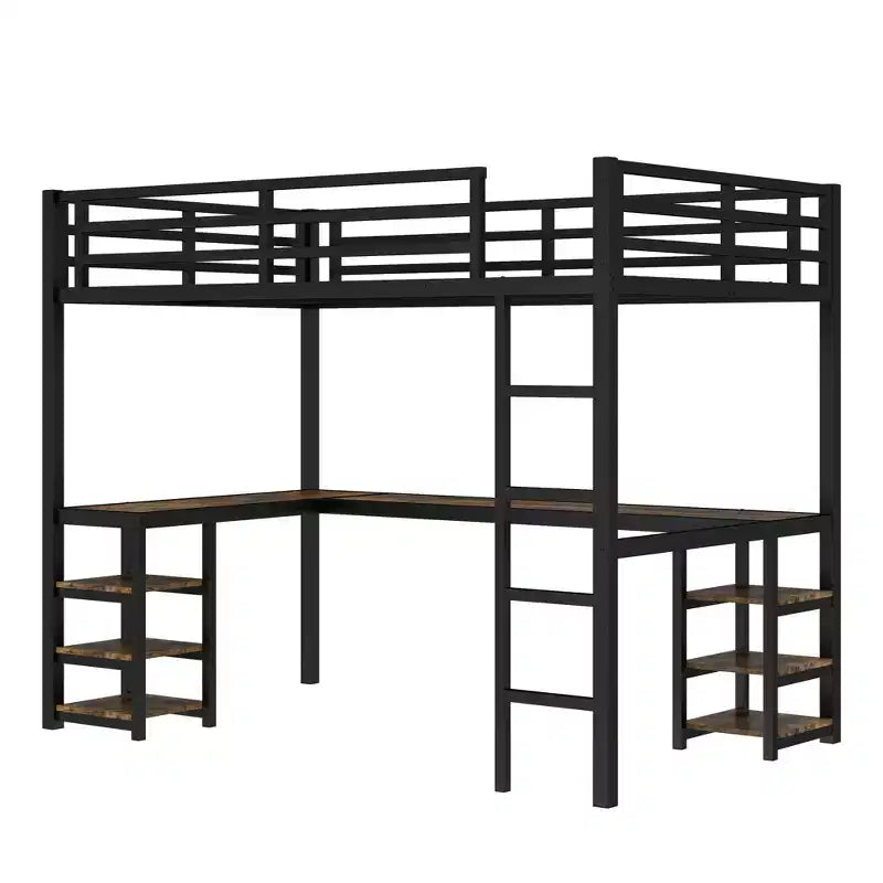 Letto a soppalco Twin XL in metallo con scrivania e mensole, letto a soppalco con scala e ringhiere, struttura per letto a soppalco per camera da letto, nero