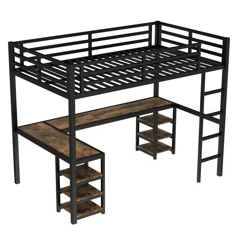 Letto a soppalco Twin XL in metallo con scrivania e mensole, letto a soppalco con scala e ringhiere, struttura per letto a soppalco per camera da letto, nero