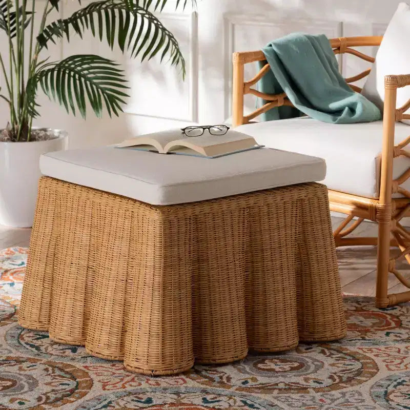 bali & pari  Scallop Rattan Ottoman Honey: Square Upholstered, No Assembly, Polyester, Plywood