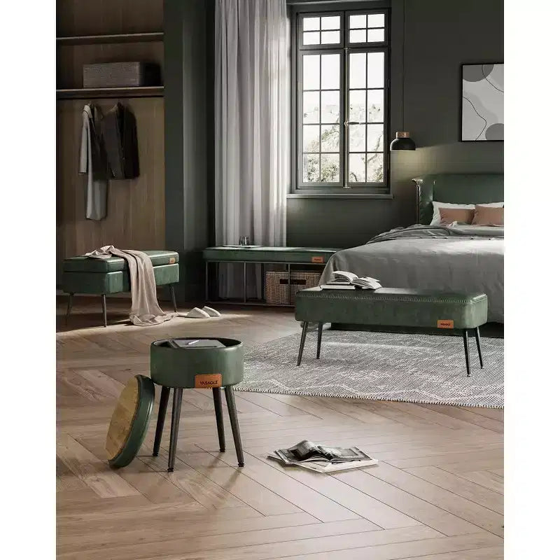 Panca per ingresso e camera da letto, in pelle sintetica con cuciture, panca ottomana con gambe in acciaio