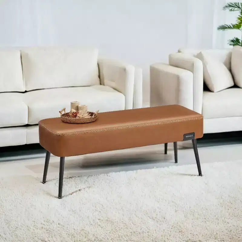   Collection - Bench for Entryway Bedroom, Synthetic Leather with Stitching, Ottoman Bench with Steel Legs