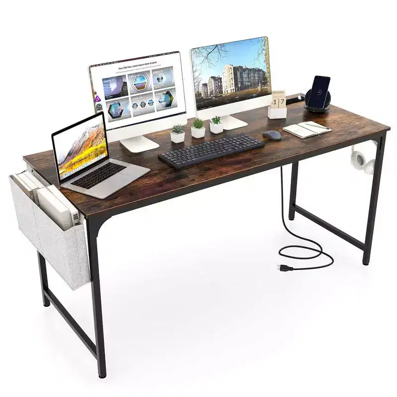  60 Modern Computer Desk with Charging Station with Storage Bag & Headphone Hook Borwn